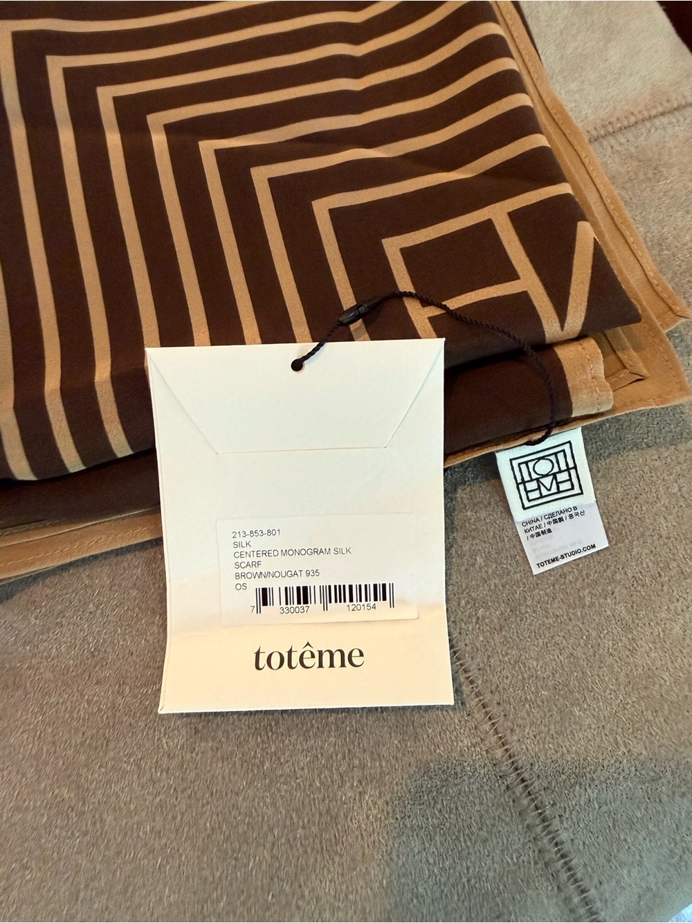Toteme Silk Centered Monogram Scarf in Brown/Nougat - Picture 7 of 9